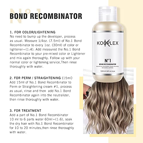 Kooplex Salon & Home Use Bond Hair Repair Treatment Kit for Damaged Bleached Hair, For use with Bleach/Colour/Perm/Keratin Treatment, Protection for All Hair Types, No.1 (120ml) & No.2 (240ml)