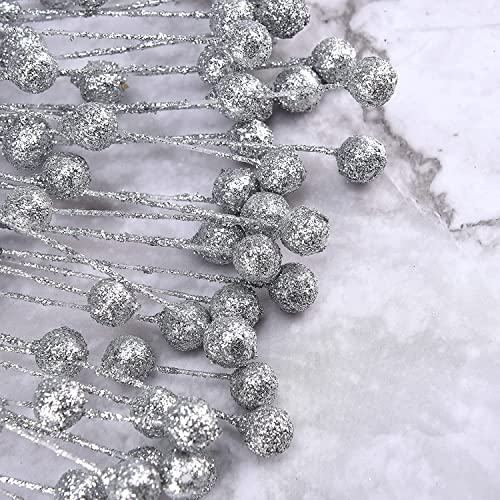 Feizeisun 100 Pack Christmas Tree Picks, Artificial Glitter Berries Stems, Christmas Branches Glittery Twigs Sticks for Christmas Tree Ornaments Vase DIY Wreath Crafts Holiday Home Decor (Silver)