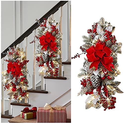 Wreath Prelit Stairway Swag Trim,Christmas Garland with Lights Cordless Prelit Stairs Decoration Holiday Classics Stair Swag Christmas Swag for Stairs Fireplaces Garden (Red)
