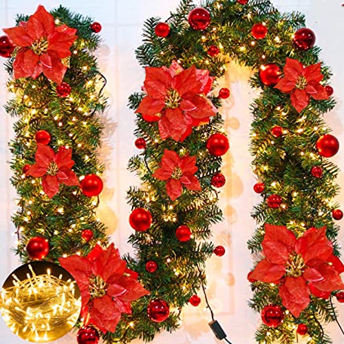 Meiruier 2.7M(9ft) Christmas Garland with LED Lights,Christmas Decorated Garland Decorations Rattan Artificial Vine for Xmas Festival Tree,Display Indoor Outdoor Christmas Decor for Stairs