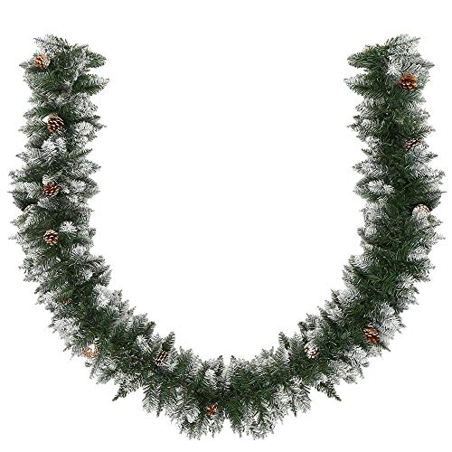 Dandelionsky 9FT(2.7M) Green Christmas Garland Decoration Snow Frosted Garlands with 15 Pine Cones for Fireplaces Stairs Doors