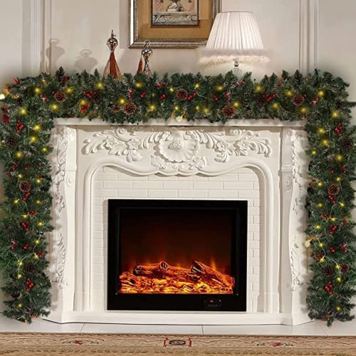 Errum 2.7M Xmas Garland Christmas Garland Decoration Green Garland Artificial with 50 LED Lights, Cones and Red Berries for Stairs Fireplace Christmas Trees Decorations (Regular Style)