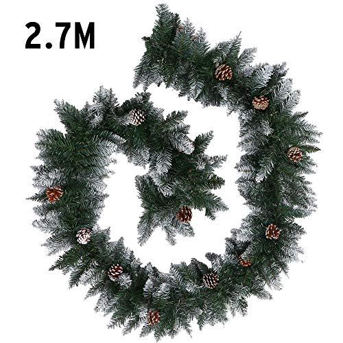 Dandelionsky 9FT(2.7M) Green Christmas Garland Decoration Snow Frosted Garlands with 15 Pine Cones for Fireplaces Stairs Doors