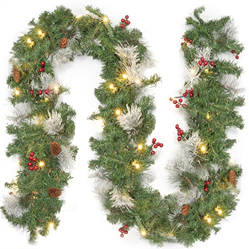 GloBrite 2.7M Pre-Lit Christmas Garland with 50 Warm White LED Lights | Christmas Tree Decorations with Timer Function for Fireplace Stair, Window, Home Decor, Wall Decor and Christmas Decorations