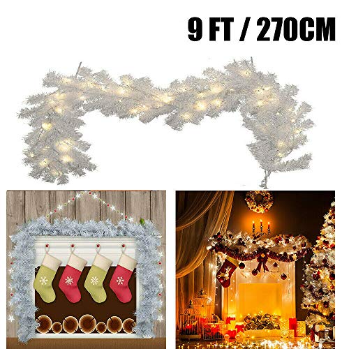 9ft Christmas Garland with Lights, 2.7m Pre-lit White Artificial Christmas Garlands 30 Led Reusable Wreath for Door Wall Stairs Fireplaces Xmas Home Garden DIY Decor