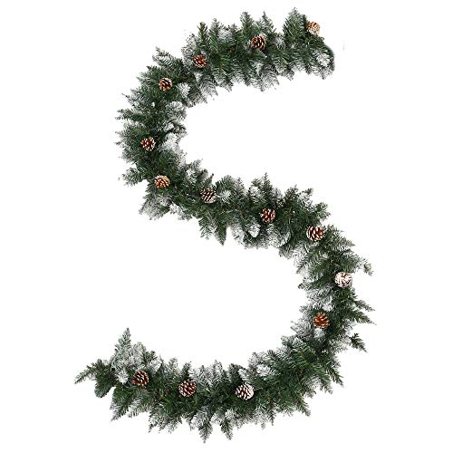 Dandelionsky 9FT(2.7M) Green Christmas Garland Decoration Snow Frosted Garlands with 15 Pine Cones for Fireplaces Stairs Doors