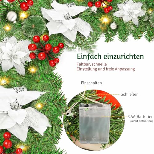 Timiyou Pre-lit Christmas Decoration Garland, Christmas Artificial Green Pine Garlands, Christmas Rattan with Warm LED Lights, Silver Flower and Silver Ball, 9ft