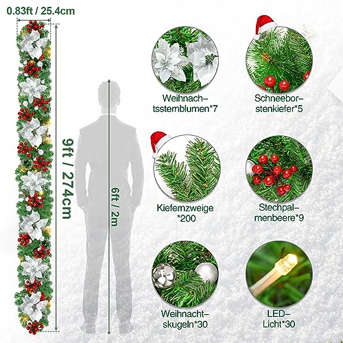 Timiyou Pre-lit Christmas Decoration Garland, Christmas Artificial Green Pine Garlands, Christmas Rattan with Warm LED Lights, Silver Flower and Silver Ball, 9ft