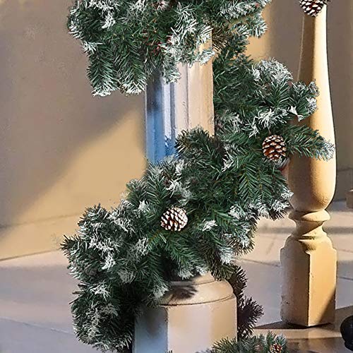 Dandelionsky 9FT(2.7M) Green Christmas Garland Decoration Snow Frosted Garlands with 15 Pine Cones for Fireplaces Stairs Doors