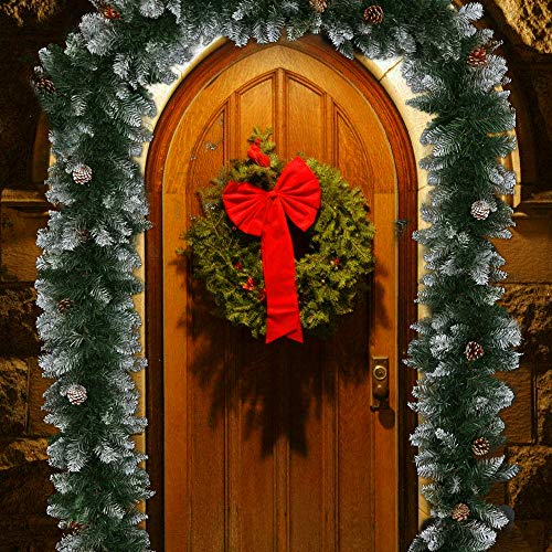 Dandelionsky 9FT(2.7M) Green Christmas Garland Decoration Snow Frosted Garlands with 15 Pine Cones for Fireplaces Stairs Doors