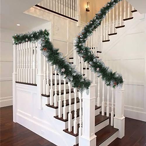 Dandelionsky 9FT(2.7M) Green Christmas Garland Decoration Snow Frosted Garlands with 15 Pine Cones for Fireplaces Stairs Doors