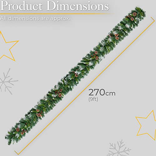 Christow Christmas Garland with Pine Cones and Berries 2.7m / 9ft, Luxury Thick Artificial Frosted Spruce Decoration for Fireplace and Stairs 2022