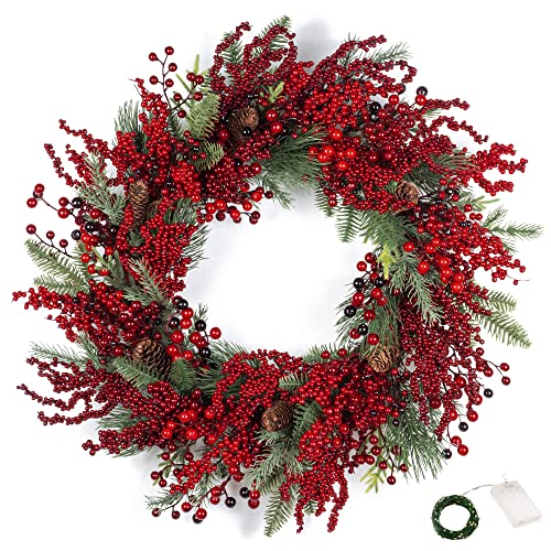 Art Beauty Red Berry Christmas Wreath with LED Lights and Timer 65cm Door Wreath Decor for Xmas Front Door Window Fireplace Mantel Decor (NOT Pre-Strung)