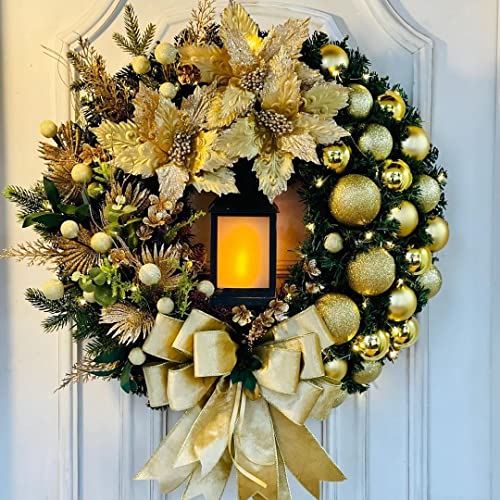 Pre Lit Artificial Christmas Wreath for Front Door, 40cm Door Wreaths Decorated with Candle Lantern Lights,Berry Clusters,Baubles, Bows,Pine Branches, Christmas Decor Indoor Outdoor Home Decorations