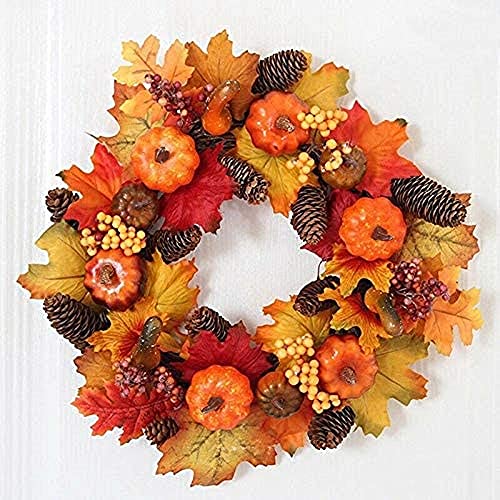 AIRICA 40/45CM Autumn Door Wreaths, Fall Maple Leaf Pumpkin Berry Garland Artificial Harvest Wreath Front Door for Halloween Christmas Thanksgiving Wall Home Outdoor&Indoor Decorations (Type A-40CM)