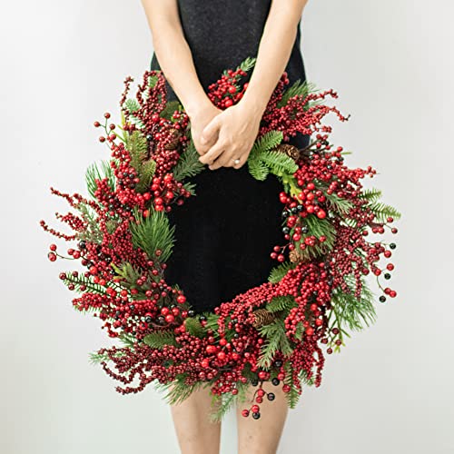 Art Beauty Red Berry Christmas Wreath with LED Lights and Timer 65cm Door Wreath Decor for Xmas Front Door Window Fireplace Mantel Decor (NOT Pre-Strung)