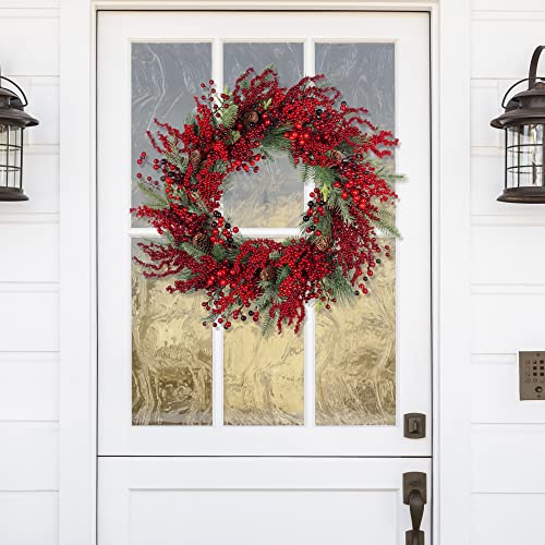 Art Beauty Red Berry Christmas Wreath with LED Lights and Timer 65cm Door Wreath Decor for Xmas Front Door Window Fireplace Mantel Decor (NOT Pre-Strung)