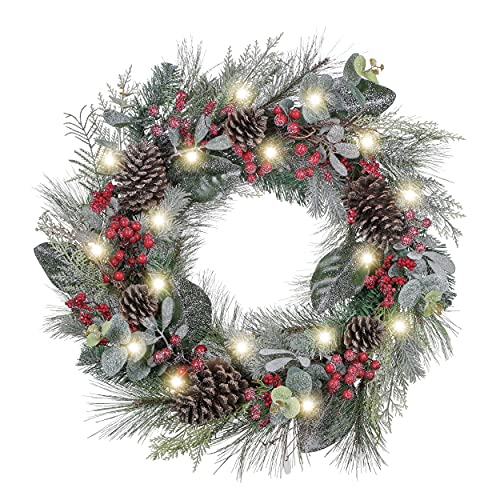 Valery Madelyn 24 inch Pre-lit Christmas Wreath for Front Door, Country Red Green White Wreath with Pine Cones, Xmas Reef with Led Lights and Timer Function for Christmas Party Decoration