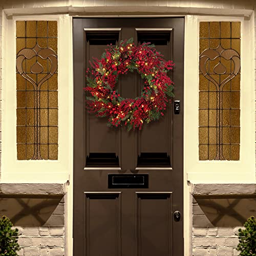 Art Beauty Red Berry Christmas Wreath with LED Lights and Timer 65cm Door Wreath Decor for Xmas Front Door Window Fireplace Mantel Decor (NOT Pre-Strung)