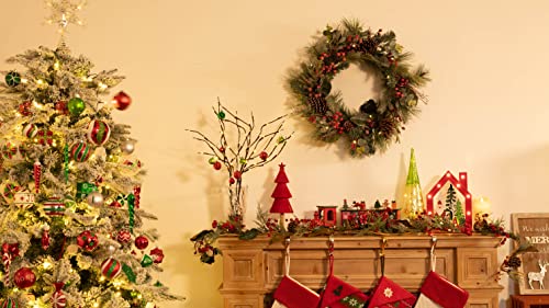 Valery Madelyn 24 inch Pre-lit Christmas Wreath for Front Door, Country Red Green White Wreath with Pine Cones, Xmas Reef with Led Lights and Timer Function for Christmas Party Decoration