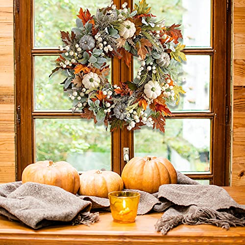 Fall Wreath for Front Door, 40cm/16 Inch Autumn Wreath with Maple Leaf Pumpkins Pine Cone Berries Thanksgiving Wreaths White Artificial Pumpkins Wreath for Halloween Thanksgiving Window Wall Decor