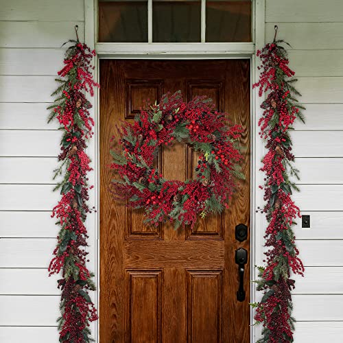 Art Beauty Red Berry Christmas Wreath with LED Lights and Timer 65cm Door Wreath Decor for Xmas Front Door Window Fireplace Mantel Decor (NOT Pre-Strung)