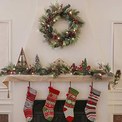 Valery Madelyn 24 inch Pre-lit Christmas Wreath for Front Door, Country Red Green White Wreath with Pine Cones, Xmas Reef with Led Lights and Timer Function for Christmas Party Decoration