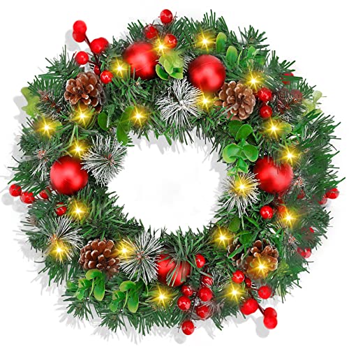 BEYAOBN 30cm Christmas Wreath Xmas Decorations Winter Pine Door Wreath Front Door Artificial Pine Garland with LED light Berries Balls Decor Christmas Window Wall Decorations