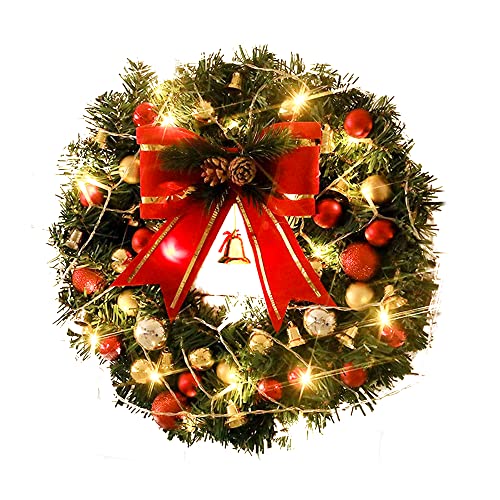 Christmas Wreath with LED Light Front Door Hanging Garland Spruce Wreaths Holiday Home Decorations Xmas Decor for Indoor and Outdoor, Pre Lit Christmas Winter Ornaments (40cm/With Light)