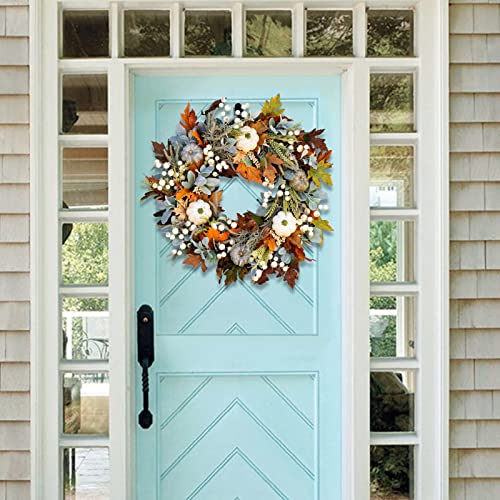 Fall Wreath for Front Door, 40cm/16 Inch Autumn Wreath with Maple Leaf Pumpkins Pine Cone Berries Thanksgiving Wreaths White Artificial Pumpkins Wreath for Halloween Thanksgiving Window Wall Decor