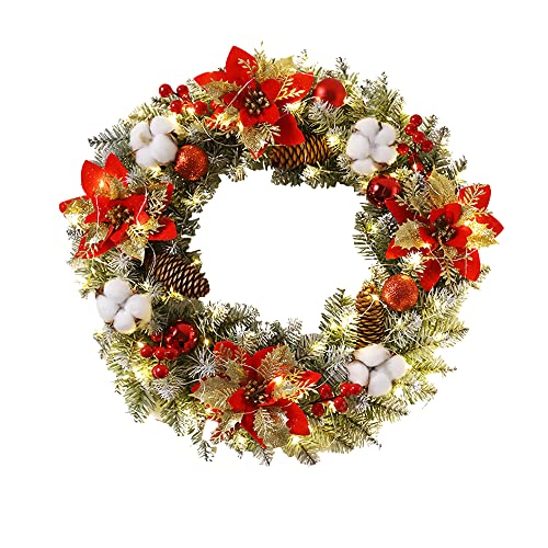 40 cm Christmas Wreath with Light, Artificial Wreath Front Door Decoration Fir Wreath Hanging Wreaths with Balls Berries Pine Cones Decoration for Door Table Window Wall Stairs Ornament (Red)