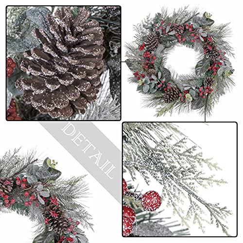 Valery Madelyn 24 inch Pre-lit Christmas Wreath for Front Door, Country Red Green White Wreath with Pine Cones, Xmas Reef with Led Lights and Timer Function for Christmas Party Decoration