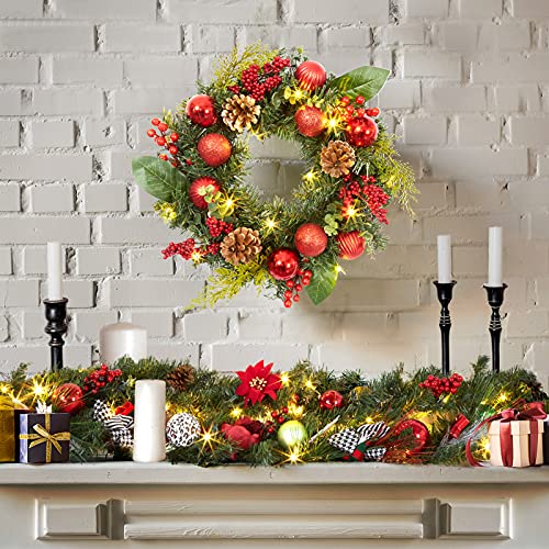 Adeeing 18 Inch Christmas Wreath with 15 LED Lights, 45cm Red Front Door Pre-lit Garland with Christmas Baubles Berries Pine Cones for Door Wall Window Fireplace Decoration