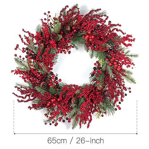 Art Beauty Red Berry Christmas Wreath with LED Lights and Timer 65cm Door Wreath Decor for Xmas Front Door Window Fireplace Mantel Decor (NOT Pre-Strung)