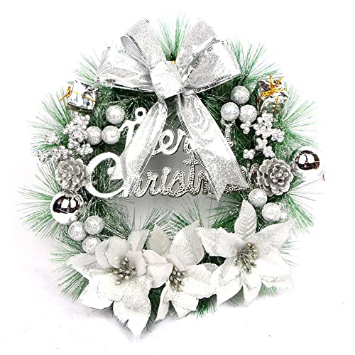 Artificial Christmas Wreath for Front Door, 30cm Xmas Wreath with Bow, Decorated with Pine Cones, Berry Clusters, Frosted Branches, Christmas Decor Indoor Outdoor Home Decorations(Silver)