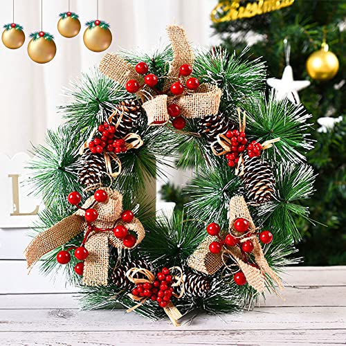 Christmas Wreath, 32cm Christmas Wreath Door Garland, Christmas Decoration Front Door Winter Xmas Party Decoration with Frosted Snow Effect, Berries & Pinecones Window Wall Decorations
