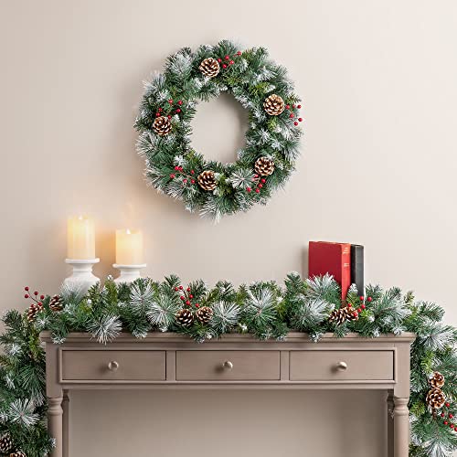 Christow Christmas Wreath with Pine Cones and Berries, 45cm Luxury Thick Artificial Frosted Winter Spruce Decoration for Front Door 2022