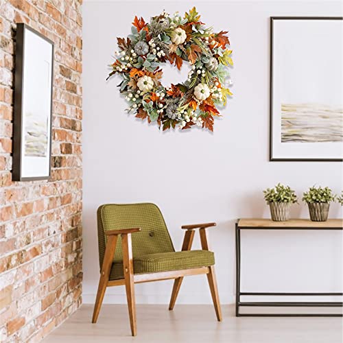 Fall Wreath for Front Door, 40cm/16 Inch Autumn Wreath with Maple Leaf Pumpkins Pine Cone Berries Thanksgiving Wreaths White Artificial Pumpkins Wreath for Halloween Thanksgiving Window Wall Decor