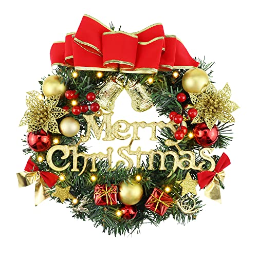 YPLonon Christmas Wreaths for Front Door 30cm Christmas Wreath with Lights Door Garland Decorations with baubles Bowknot Artificial Pine Garland for Indoor Outdoor Christmas Tree Hanging Decoration