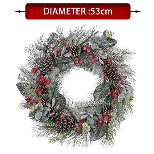 Valery Madelyn 24 inch Pre-lit Christmas Wreath for Front Door, Country Red Green White Wreath with Pine Cones, Xmas Reef with Led Lights and Timer Function for Christmas Party Decoration