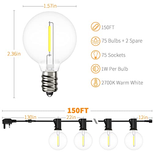 Yuucio Outdoor String Lights 150FT/ 45M, Festoon Light Mains Powered with 75+2 G40 Plastic LED Bulbs Waterproof IP44 Hanging Globe Lighting for Garden Patio Party Bar Porch Balcony Decor