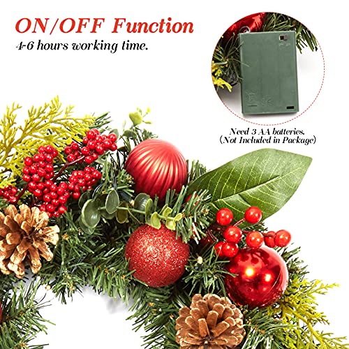 Adeeing 18 Inch Christmas Wreath with 15 LED Lights, 45cm Red Front Door Pre-lit Garland with Christmas Baubles Berries Pine Cones for Door Wall Window Fireplace Decoration