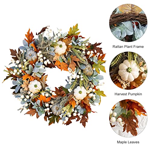 Fall Wreath for Front Door, 40cm/16 Inch Autumn Wreath with Maple Leaf Pumpkins Pine Cone Berries Thanksgiving Wreaths White Artificial Pumpkins Wreath for Halloween Thanksgiving Window Wall Decor