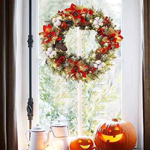 40 cm Christmas Wreath with Light, Artificial Wreath Front Door Decoration Fir Wreath Hanging Wreaths with Balls Berries Pine Cones Decoration for Door Table Window Wall Stairs Ornament (Red)