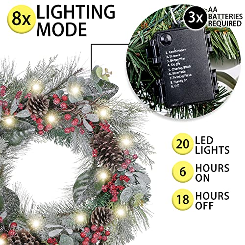 Valery Madelyn 24 inch Pre-lit Christmas Wreath for Front Door, Country Red Green White Wreath with Pine Cones, Xmas Reef with Led Lights and Timer Function for Christmas Party Decoration