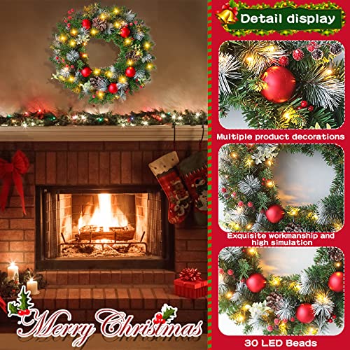 BEYAOBN 30cm Christmas Wreath Xmas Decorations Winter Pine Door Wreath Front Door Artificial Pine Garland with LED light Berries Balls Decor Christmas Window Wall Decorations