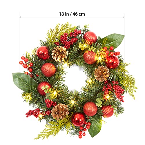 Adeeing 18 Inch Christmas Wreath with 15 LED Lights, 45cm Red Front Door Pre-lit Garland with Christmas Baubles Berries Pine Cones for Door Wall Window Fireplace Decoration