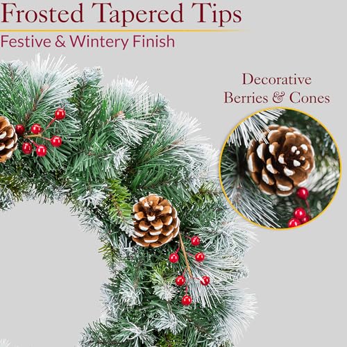 Christow Christmas Wreath with Pine Cones and Berries, 45cm Luxury Thick Artificial Frosted Winter Spruce Decoration for Front Door 2022