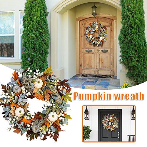 Fall Wreath for Front Door, 40cm/16 Inch Autumn Wreath with Maple Leaf Pumpkins Pine Cone Berries Thanksgiving Wreaths White Artificial Pumpkins Wreath for Halloween Thanksgiving Window Wall Decor