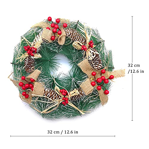 Christmas Wreath, 32cm Christmas Wreath Door Garland, Christmas Decoration Front Door Winter Xmas Party Decoration with Frosted Snow Effect, Berries & Pinecones Window Wall Decorations